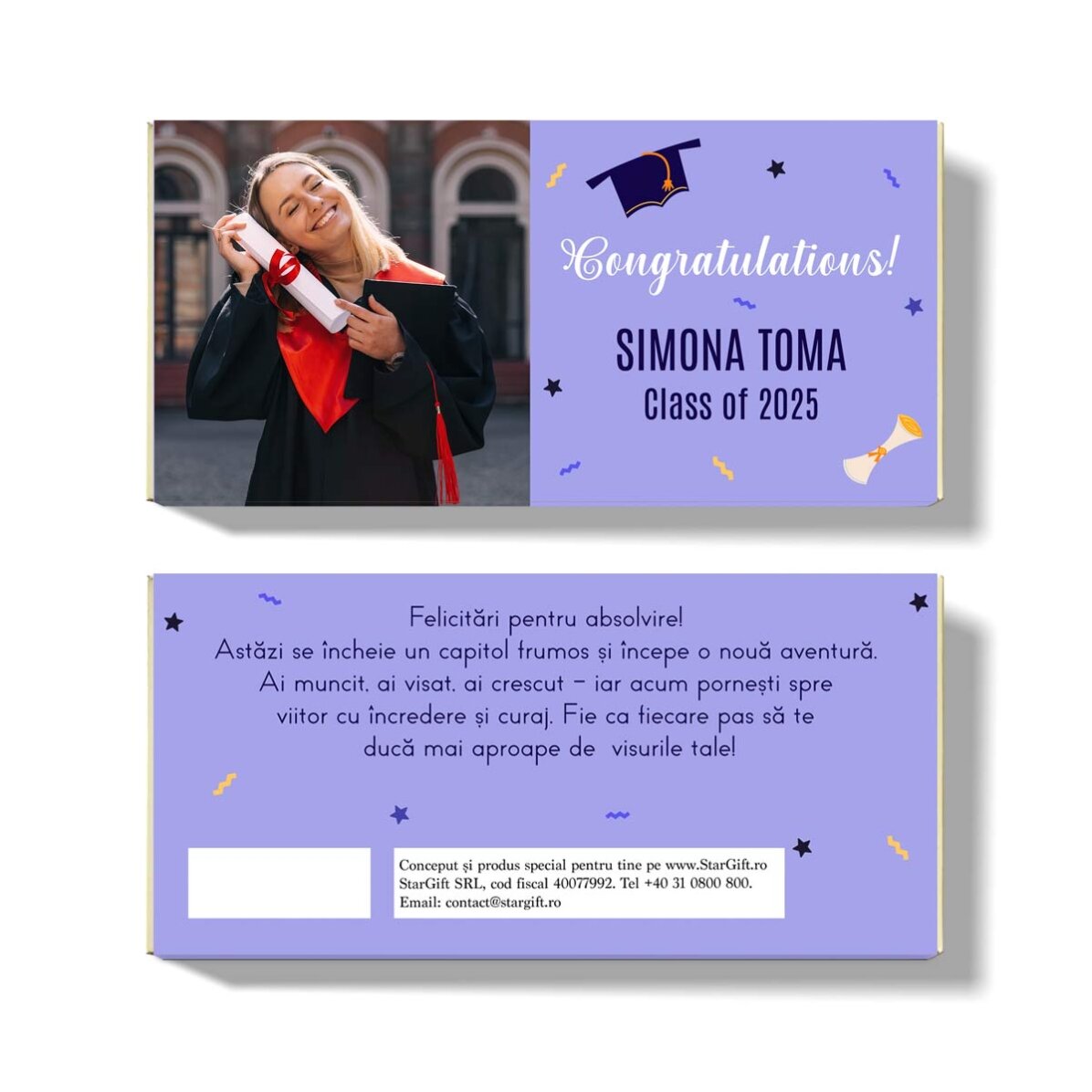 Chocolate personalizado con una foto y un mensaje - Graduación