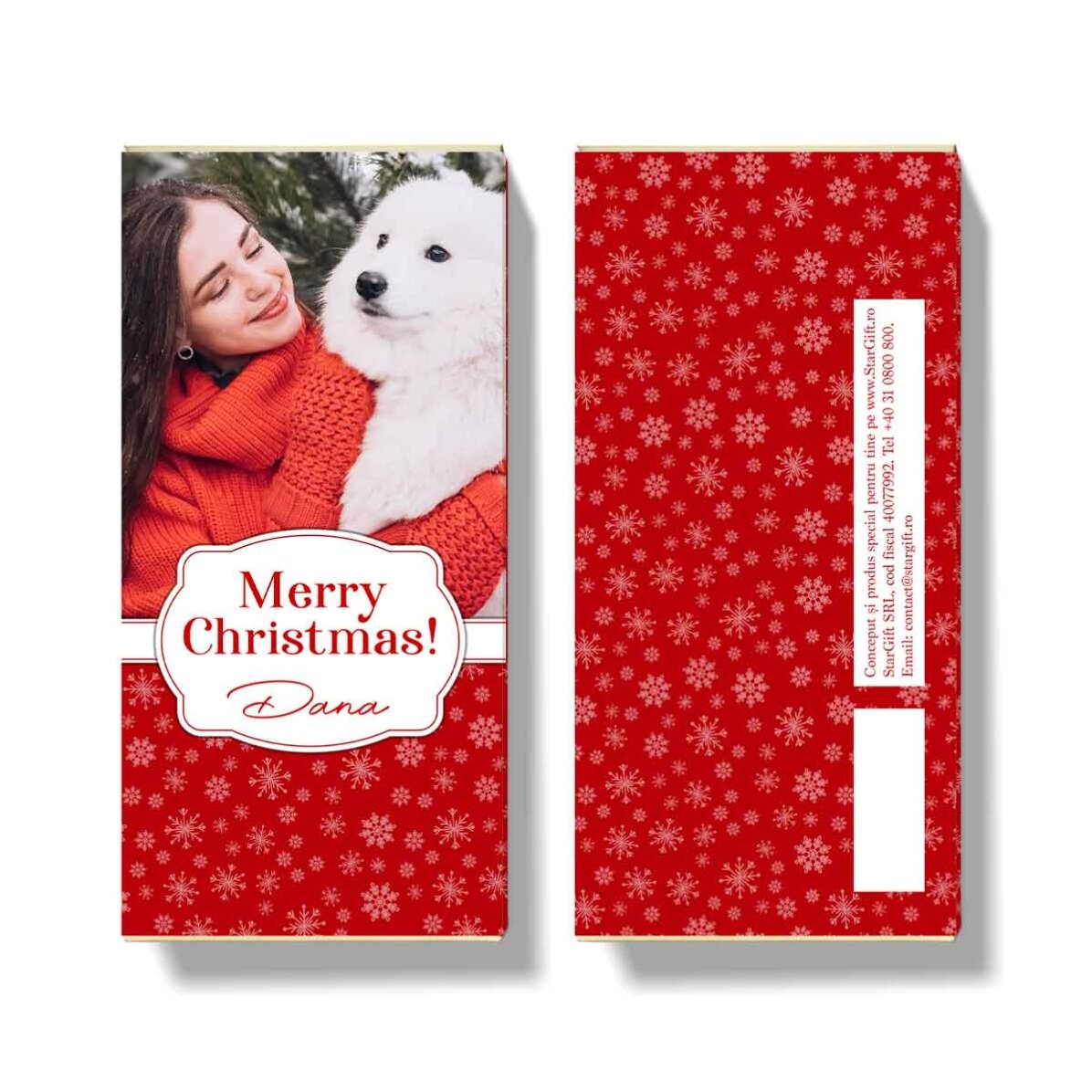 Chocolate personalizado con una foto y un mensaje navideño - Copos de nieve