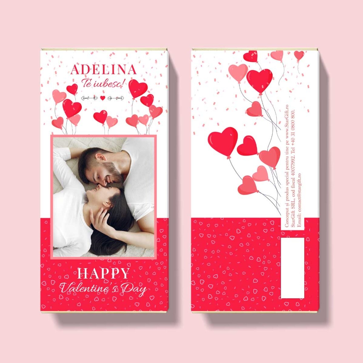 Chocolate personalizado con una foto y un texto - Globos y corazoncitos