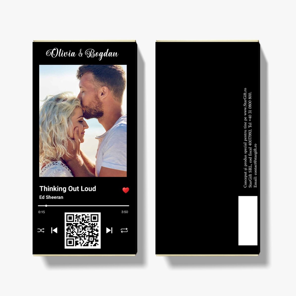 Chocolate personalizado con una foto, un texto y un código QR - Nuestra canción