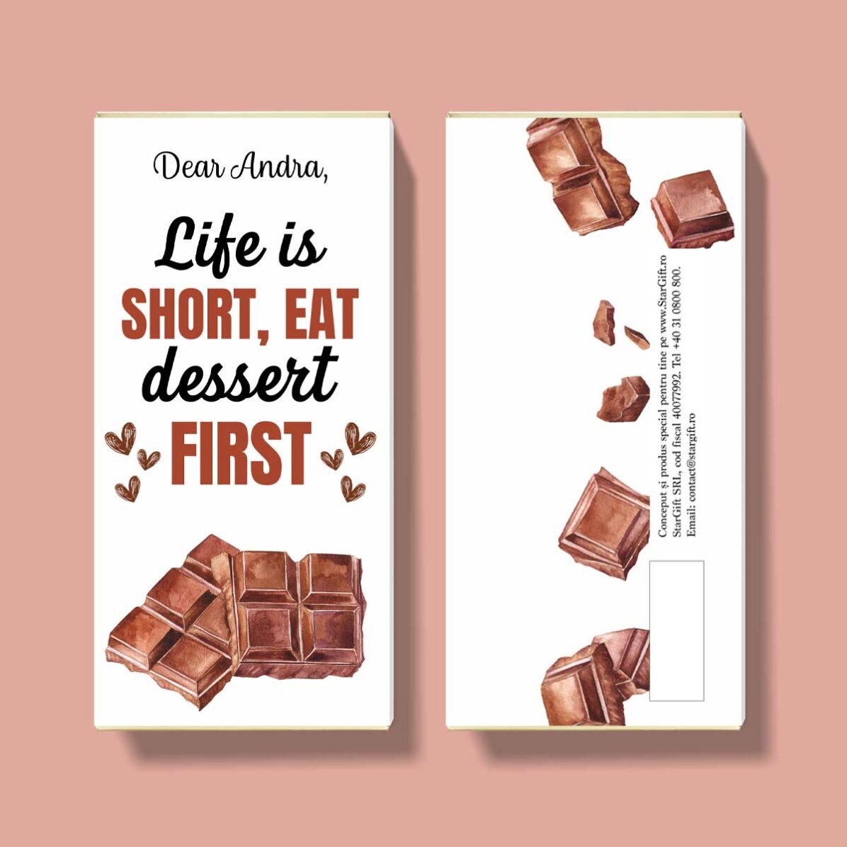 Chocolate personalizado con texto: «La vida es corta»