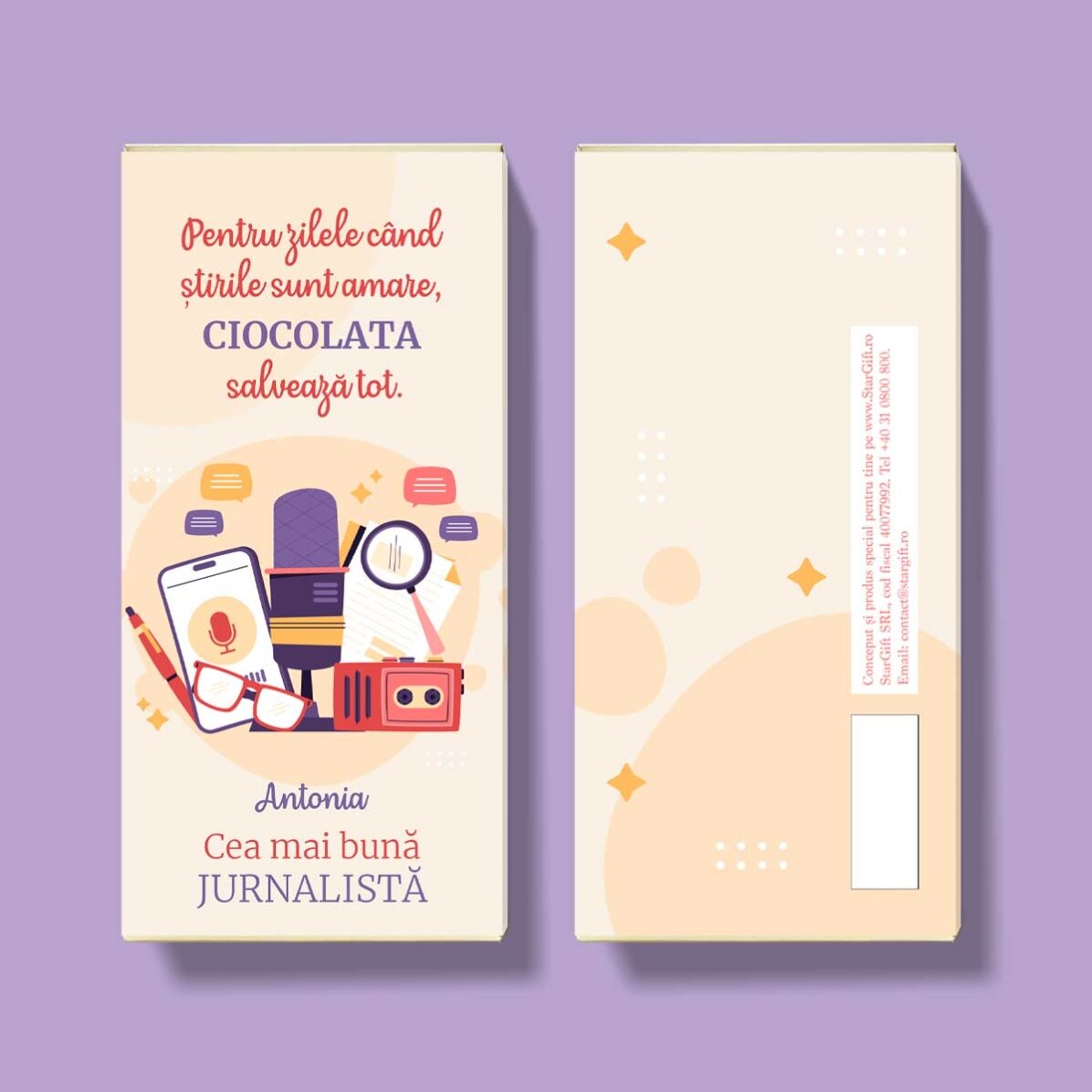 Chocolate personalizado con un mensaje para un periodista