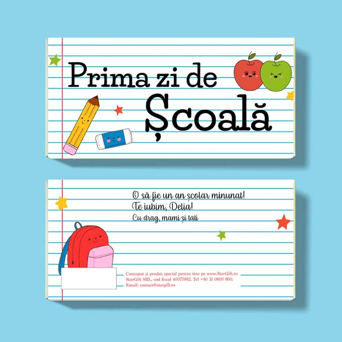 Chocolate personalizado con mensaje: «El primer día de colegio»