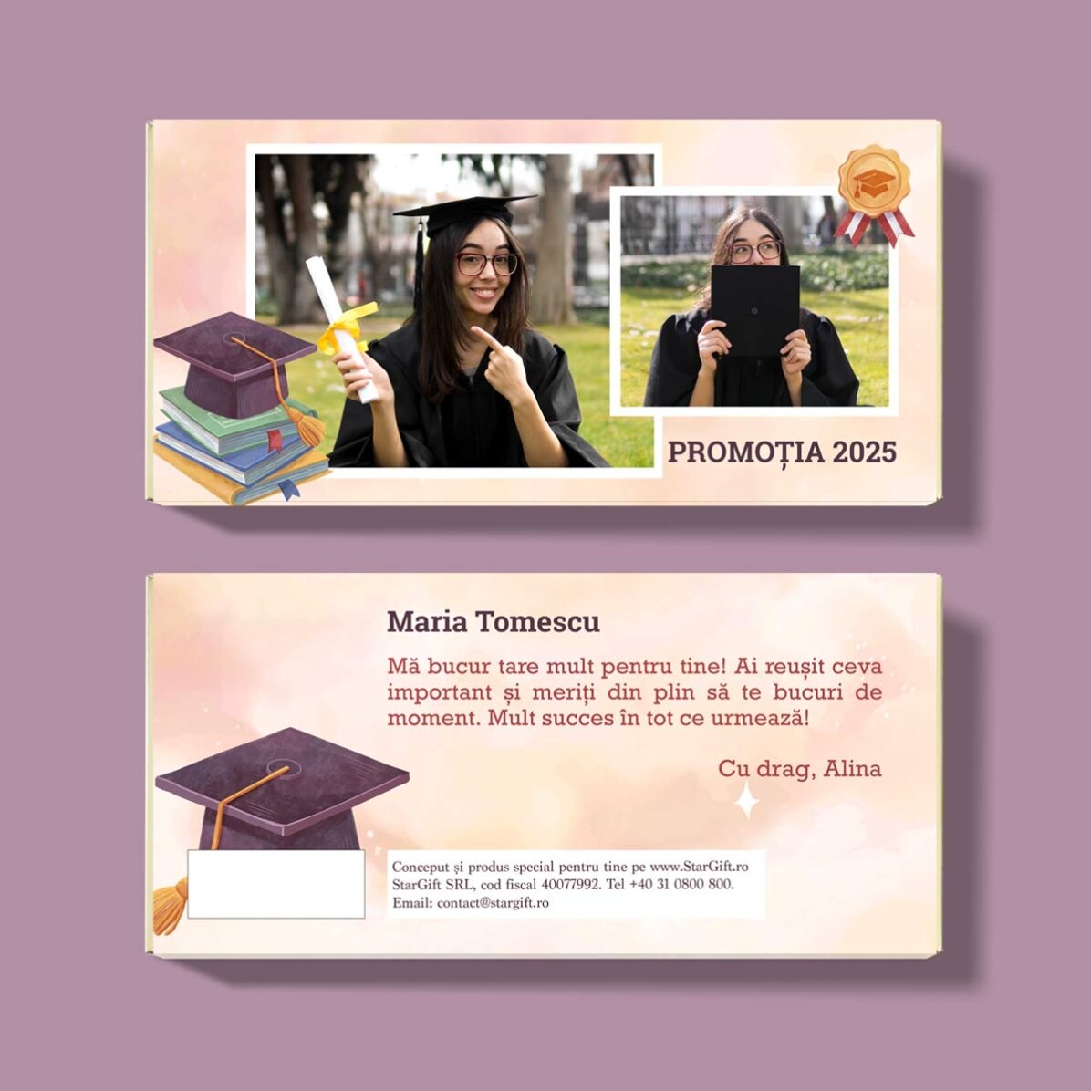 Chocolate personalizado con texto y 2 fotos - Graduación