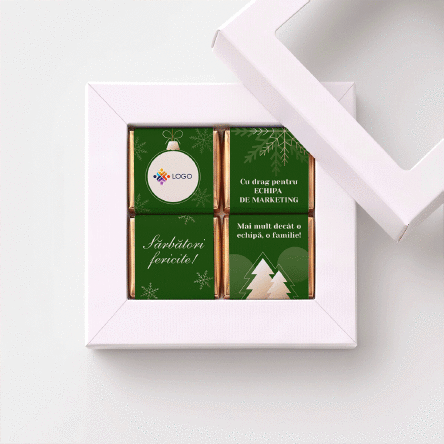 Cutie cadou cu 4 mini ciocolățele personalizate cu logo și mesaj pentru echipă