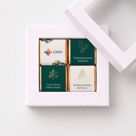 Caja de regalo con 4 minichocolates personalizados con logotipo y mensaje: ¡Felices fiestas!