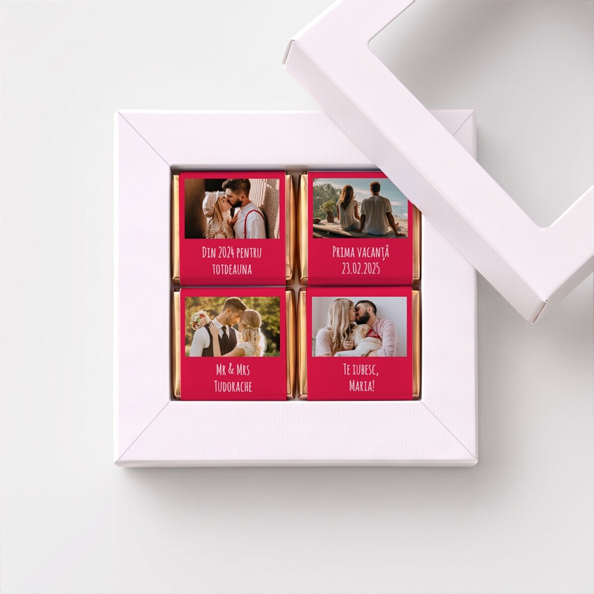 Caja de regalo con 4 minichocolates personalizados con fotos y un mensaje