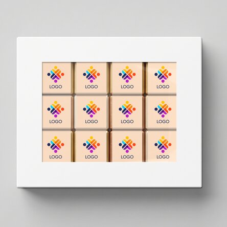 Caja de regalo con 12 minichocolates personalizados con el logotipo