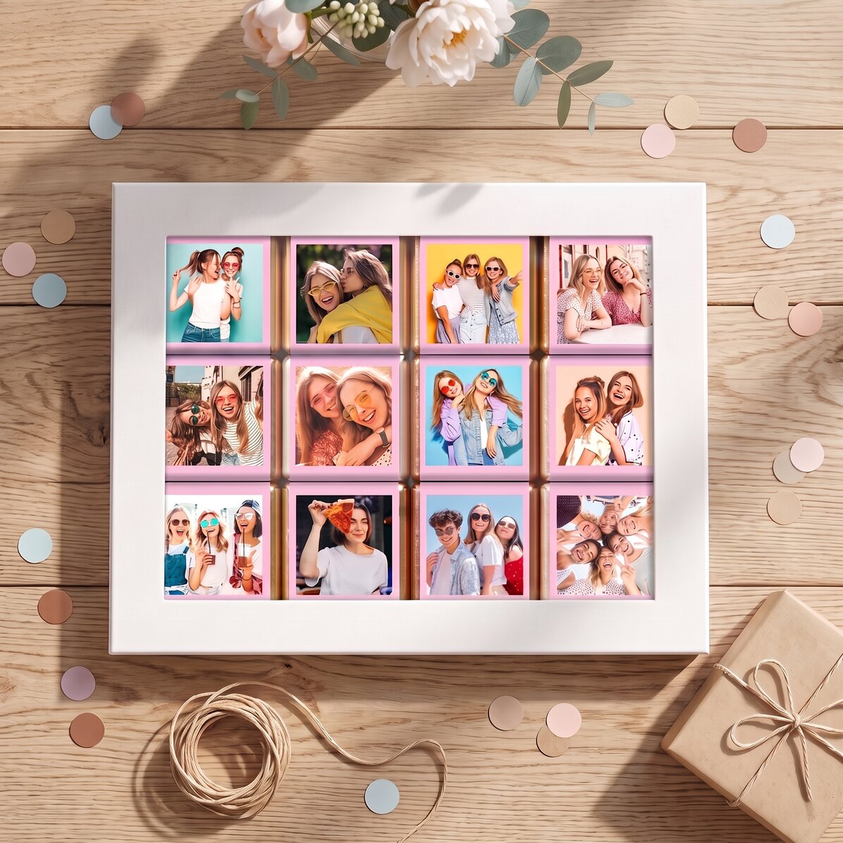 Caja de regalo con 12 minichocolates personalizados con fotos