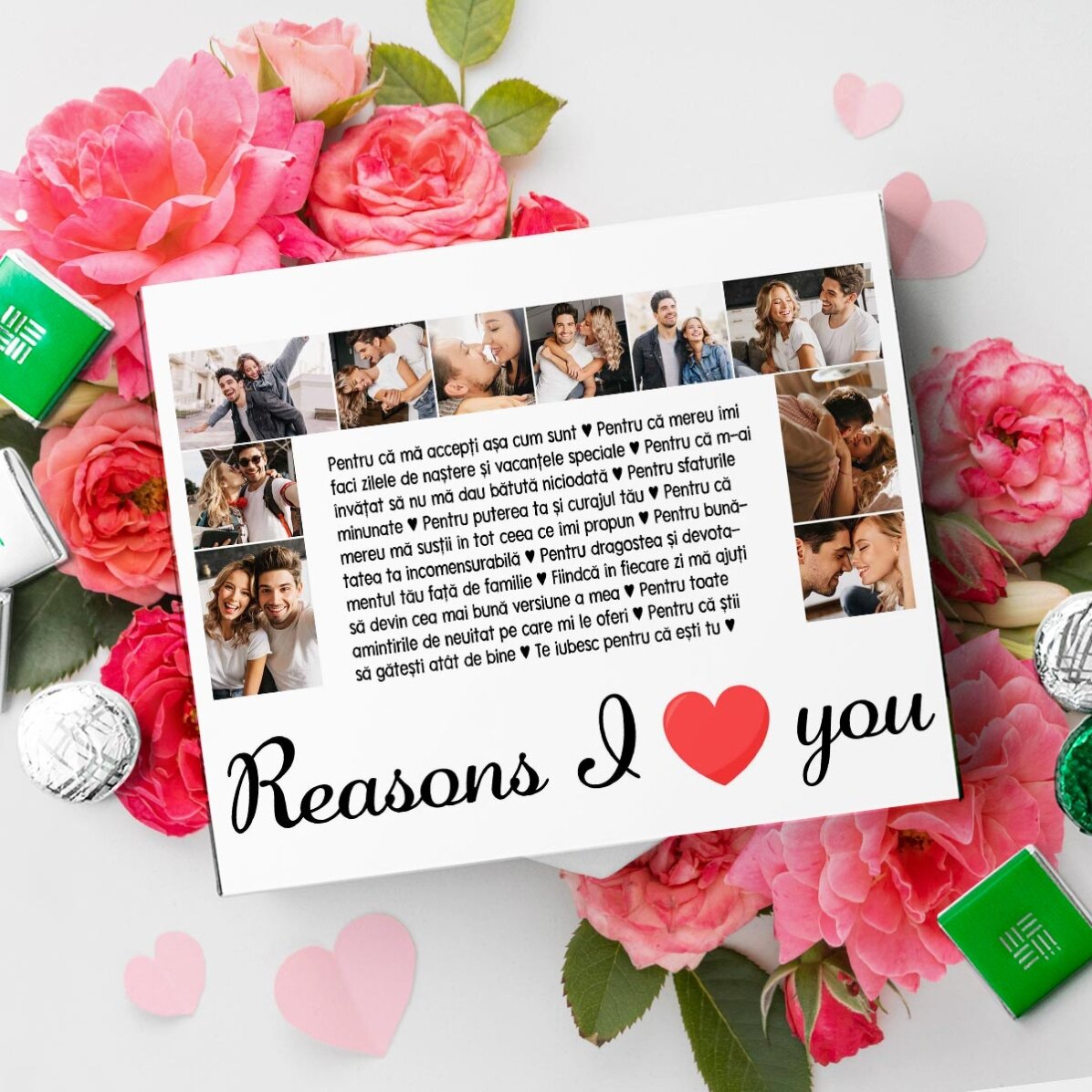 Caja de bombones personalizada con 20 fotos y texto: «Razones por las que te quiero»