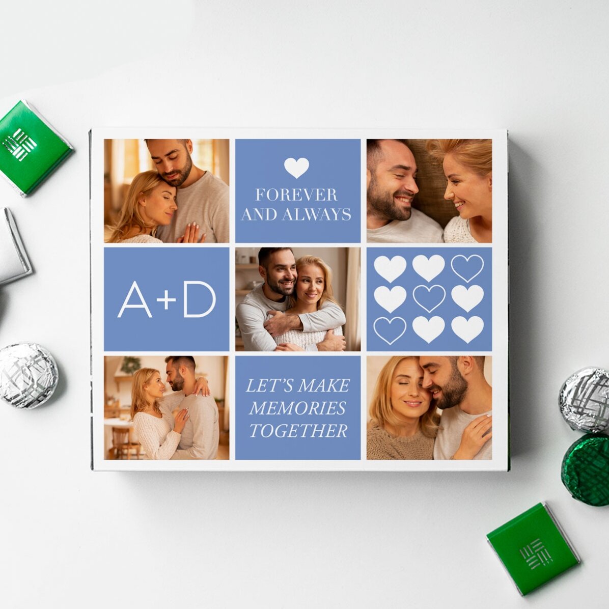 Caja de bombones personalizada con 5 fotos y un mensaje - Love