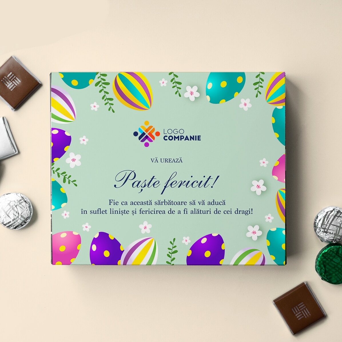 Caja de bombones personalizada con logotipo y mensaje: ¡Feliz Pascua!