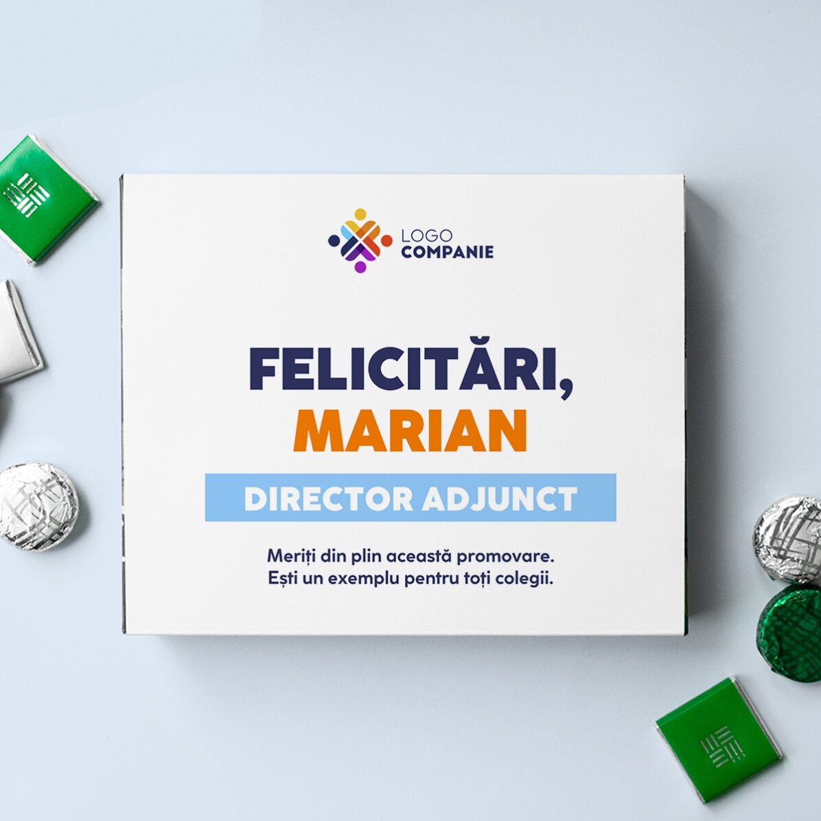 Caja de bombones personalizada con mensaje y logotipo para los empleados