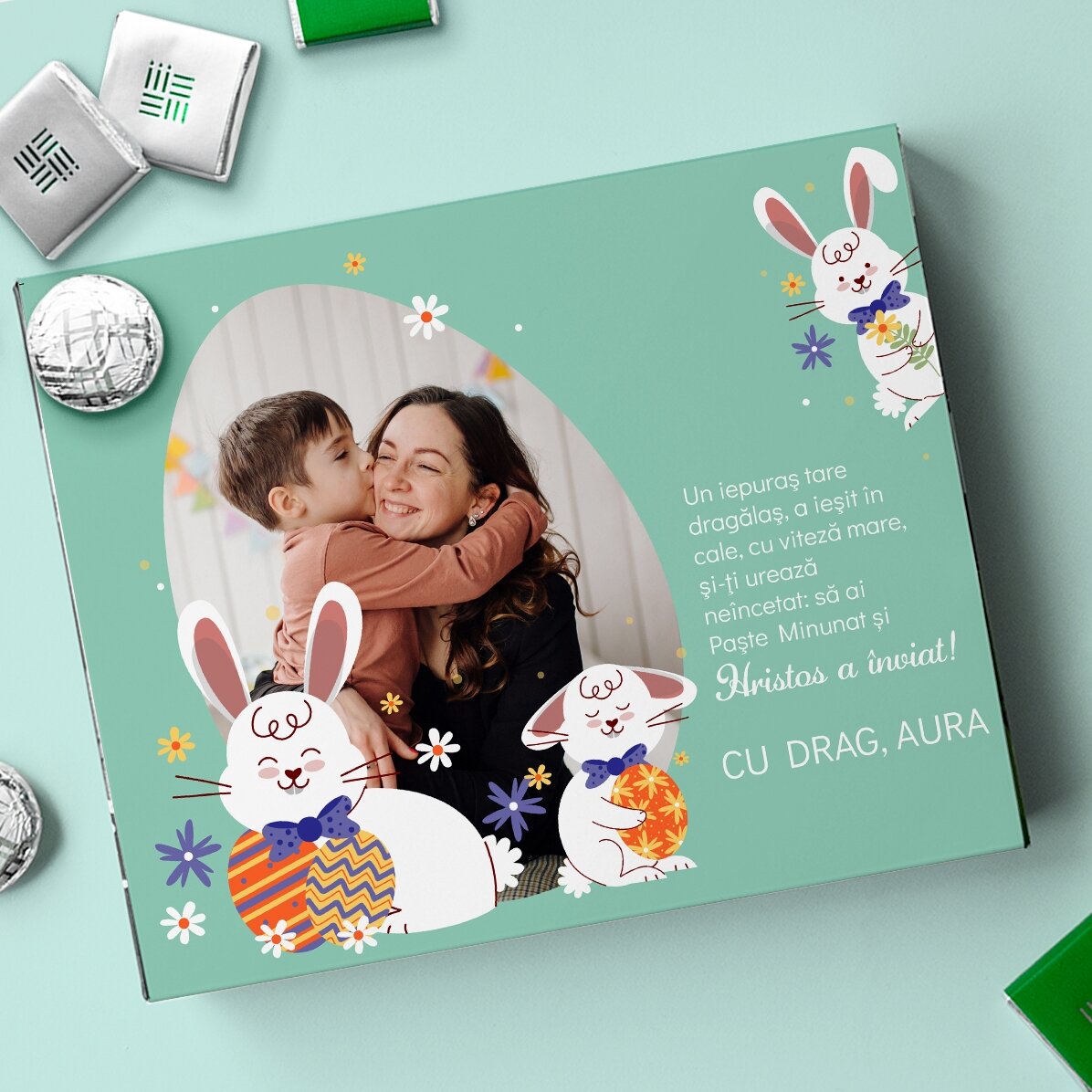 Caja de bombones personalizada con una foto y un mensaje - Conejito
