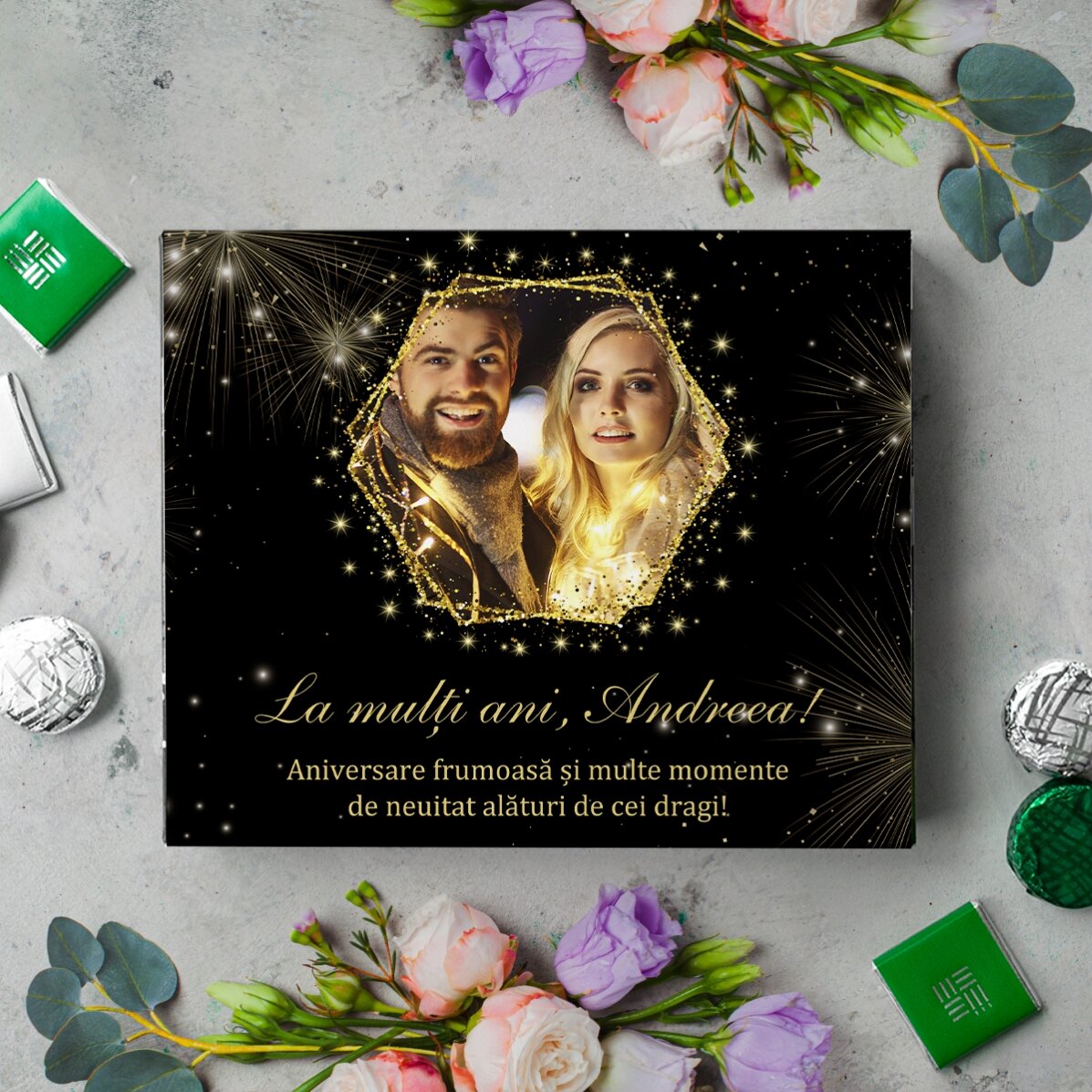 Caja de bombones personalizada con una foto y un texto - Golden
