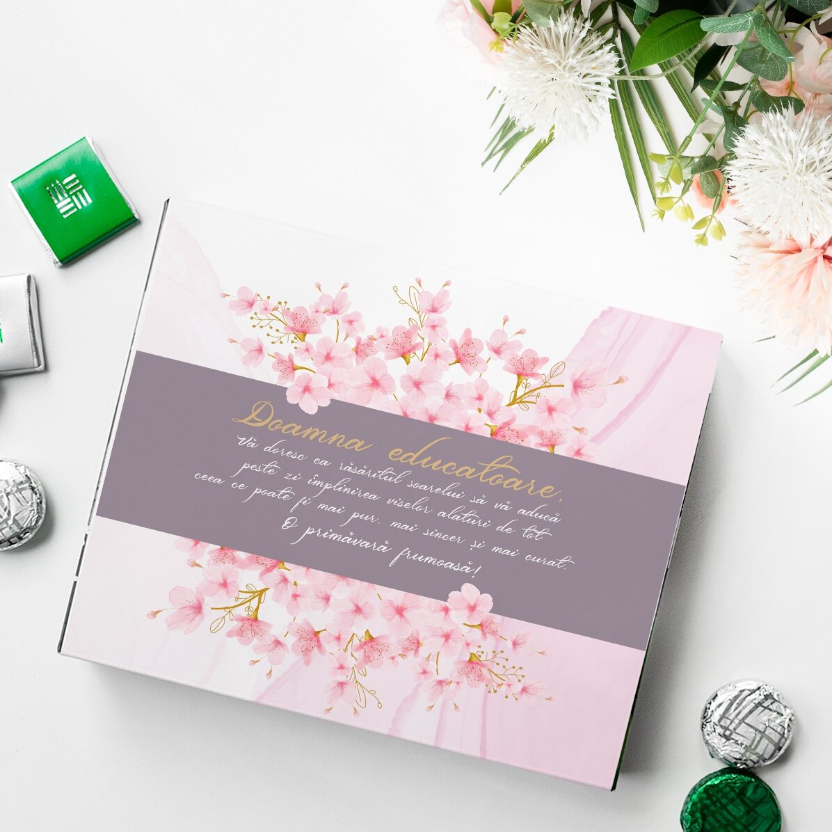 Caja de bombones personalizada con el mensaje: «¡Que tengas una bonita primavera!»
