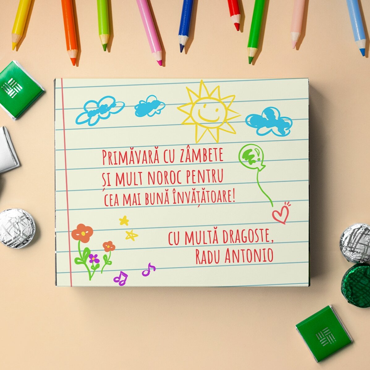 Caja de bombones personalizada con un mensaje para las maestras de infantil