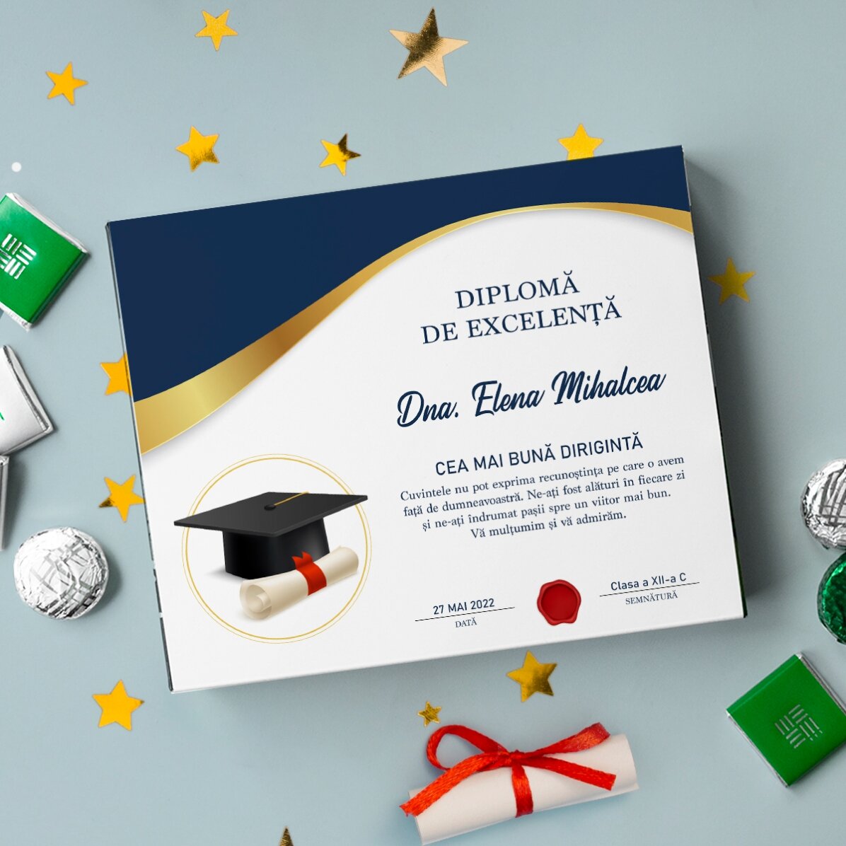 Caja de bombones personalizada con mensaje para profesores - Graduación