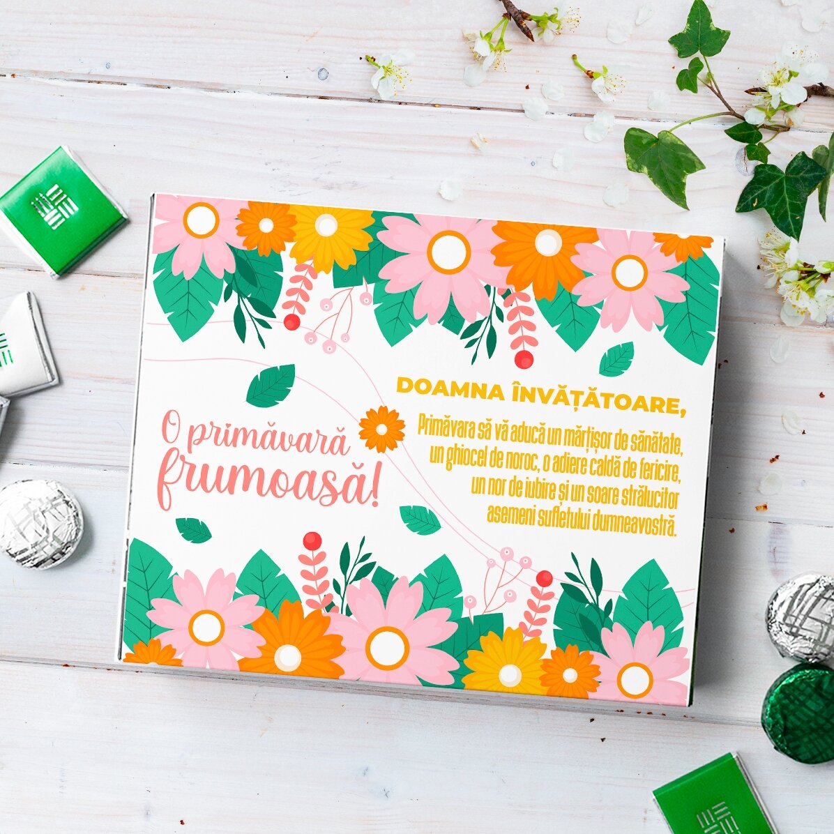 Caja de bombones personalizada con texto - Primavera en flor