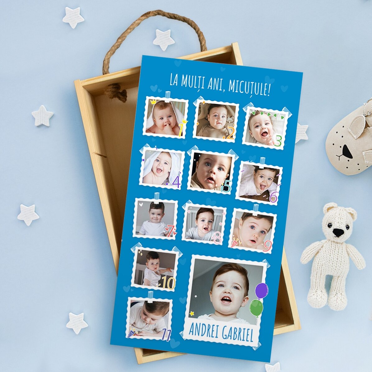 Personalised wooden gift box with 13 photos and text - First birthday