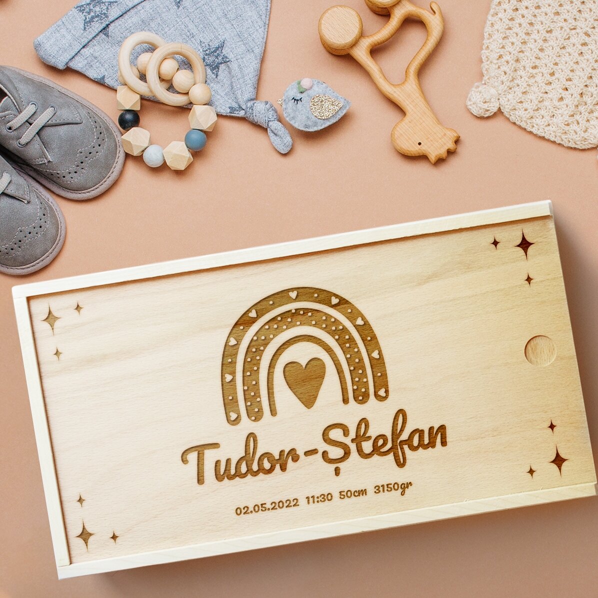 Caja de regalo personalizada de madera con texto - La caja de los recuerdos para recién nacidos