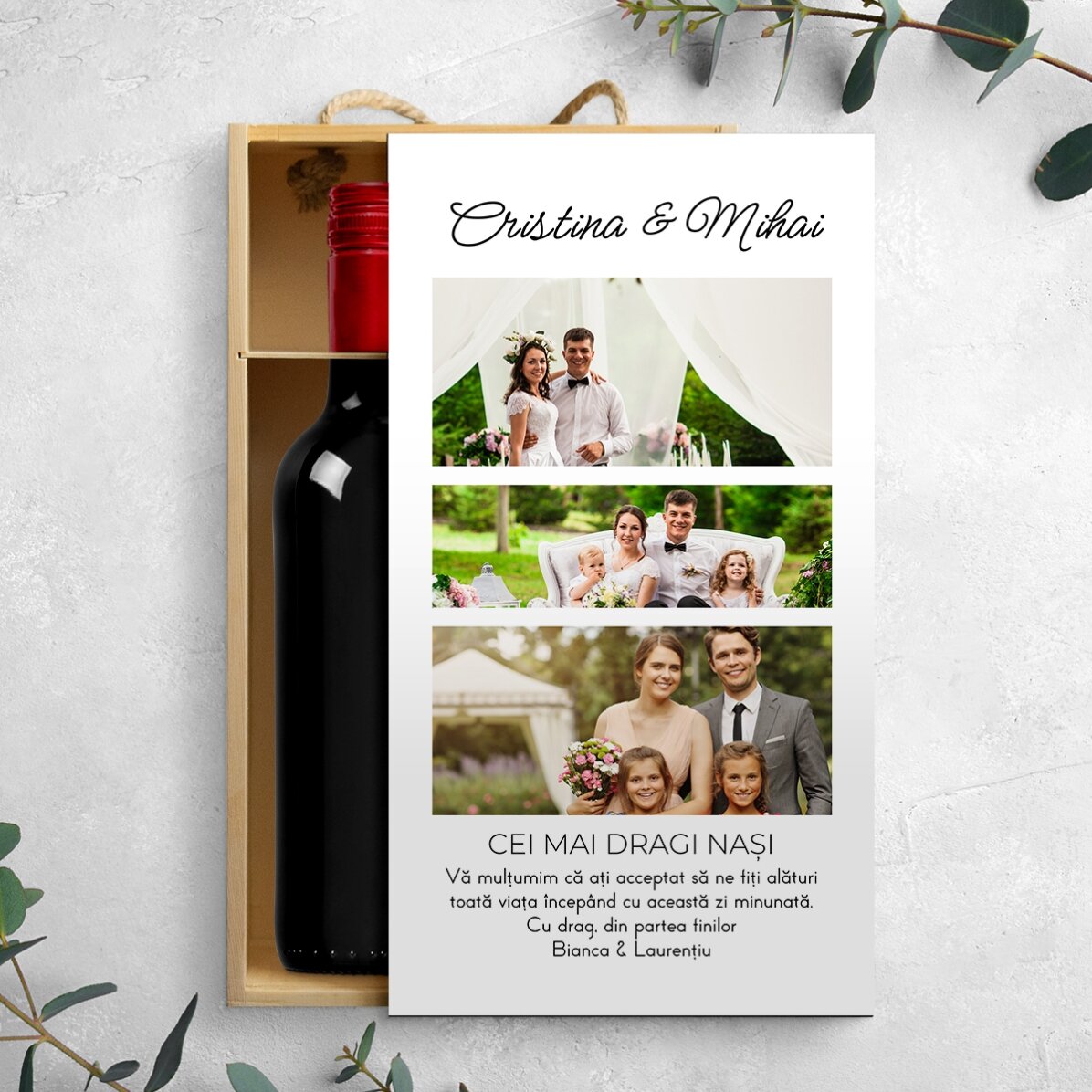 Caja de vino para 2 botellas personalizada con 3 fotos y un mensaje para tus seres queridos