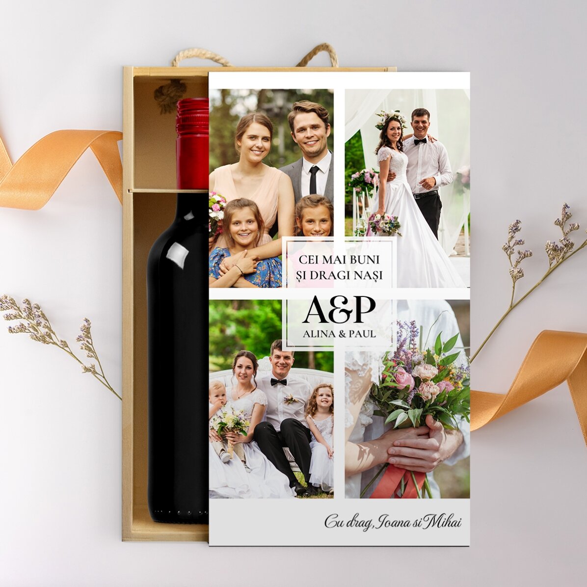 Wine box for 2 bottles personalised with 4 photos and text - Happy Birthday