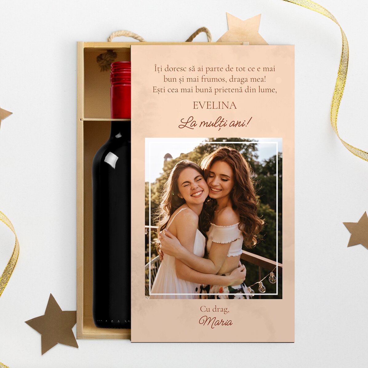 Wine box for 2 bottles personalised with a photo and message - With love