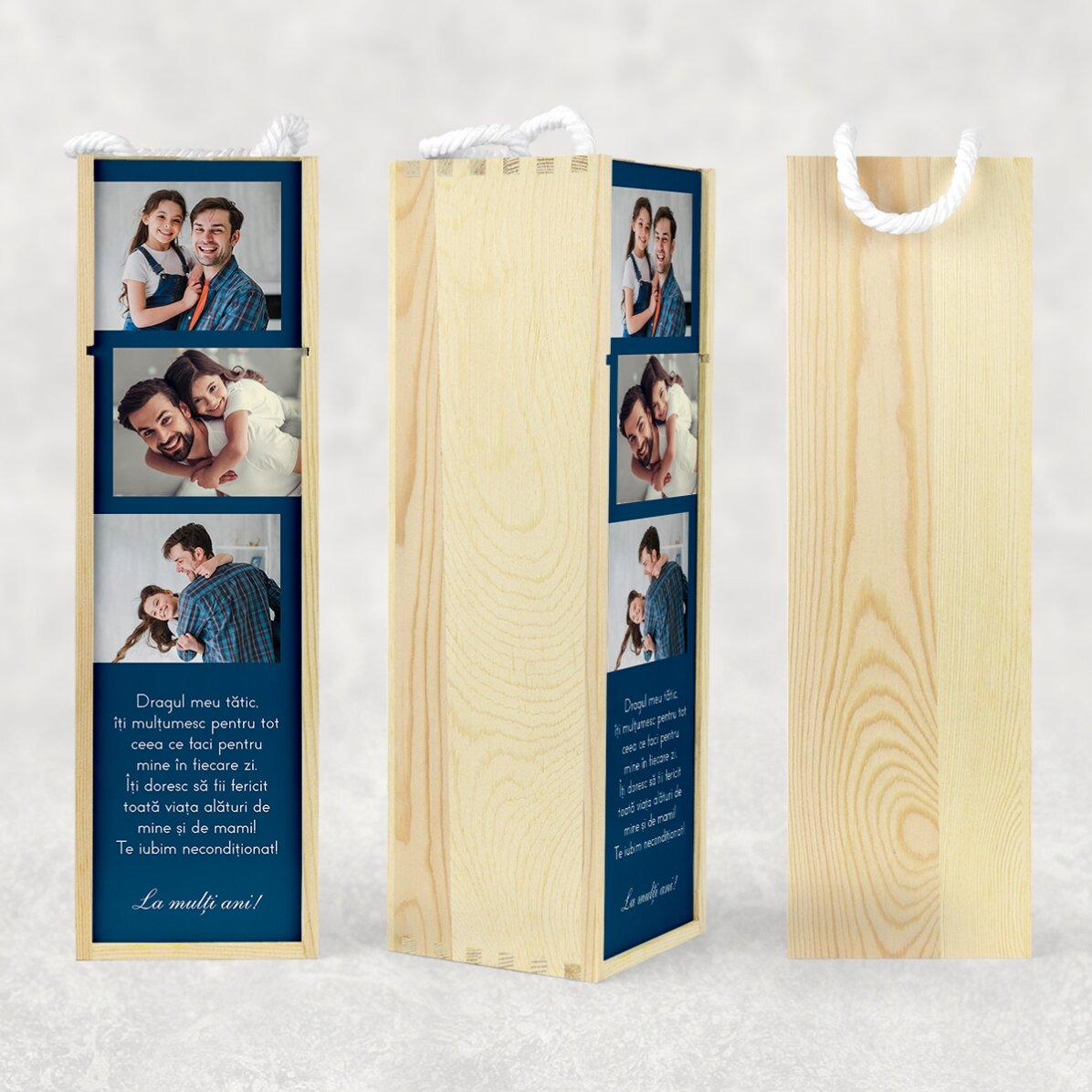 Caja de vino personalizada con 3 fotos y un texto para tus seres queridos