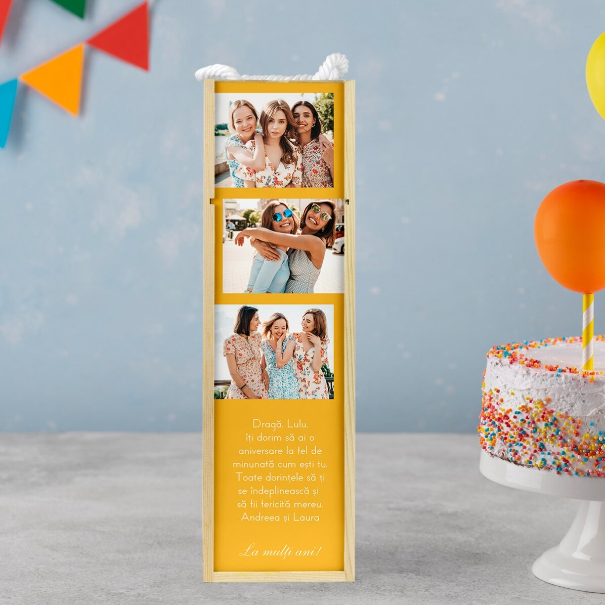 Caja de vino personalizada con 3 fotos y un texto para tus seres queridos
