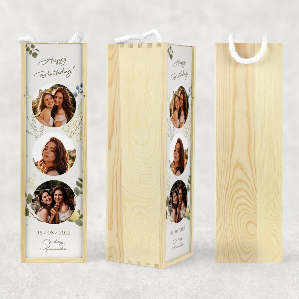 Caja de vino personalizada con 3 fotos y texto - Para ella