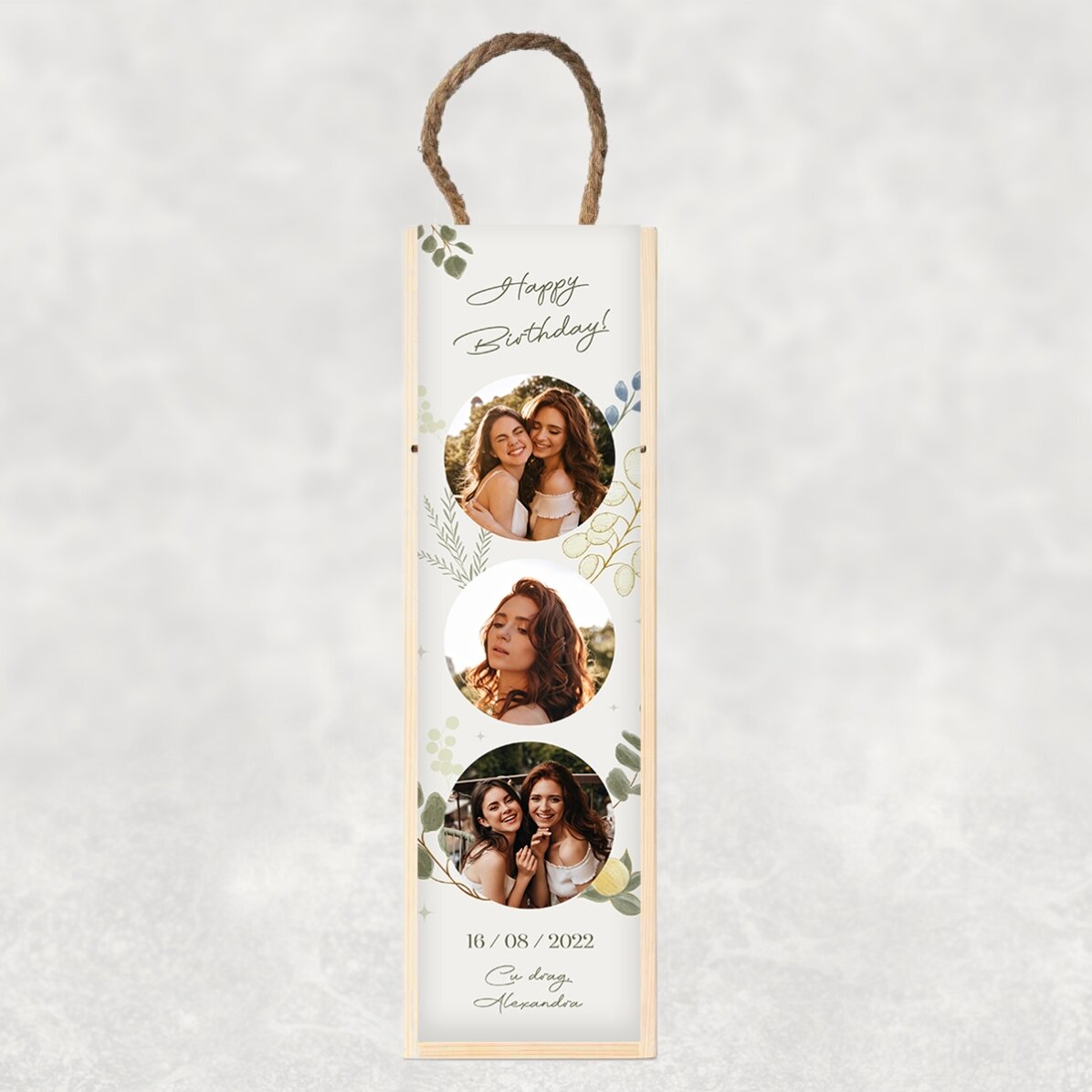 Caja de vino personalizada con 3 fotos y texto - Para ella