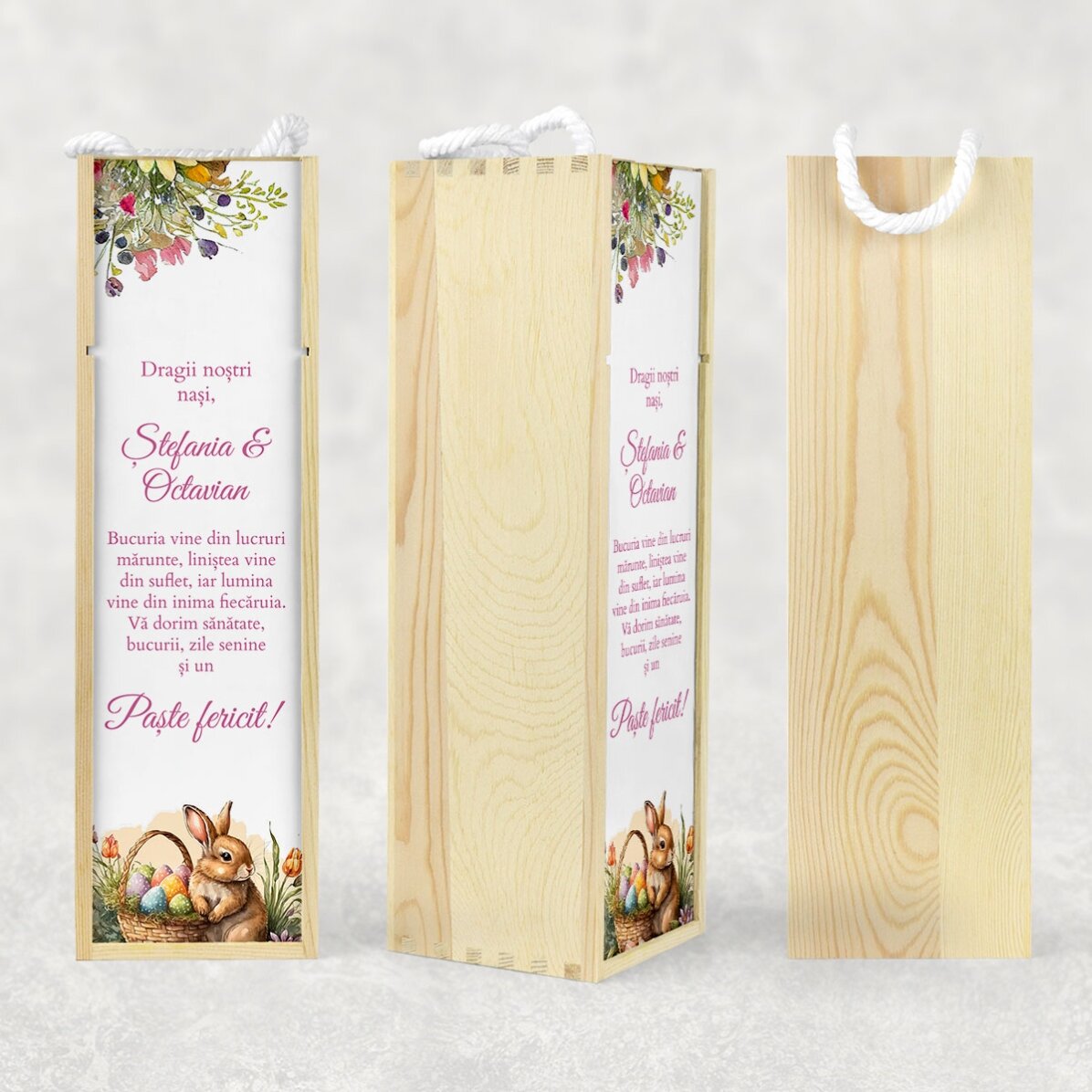 Caja de vino personalizada con un mensaje de Pascua