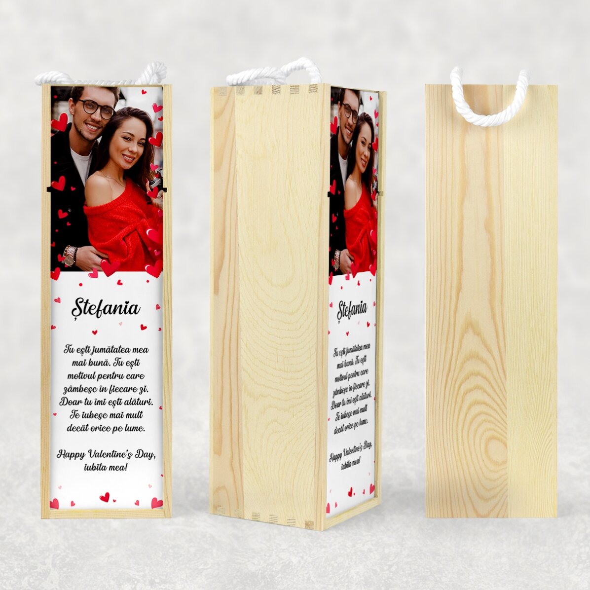 Caja de vino personalizada con una foto y un mensaje - Love
