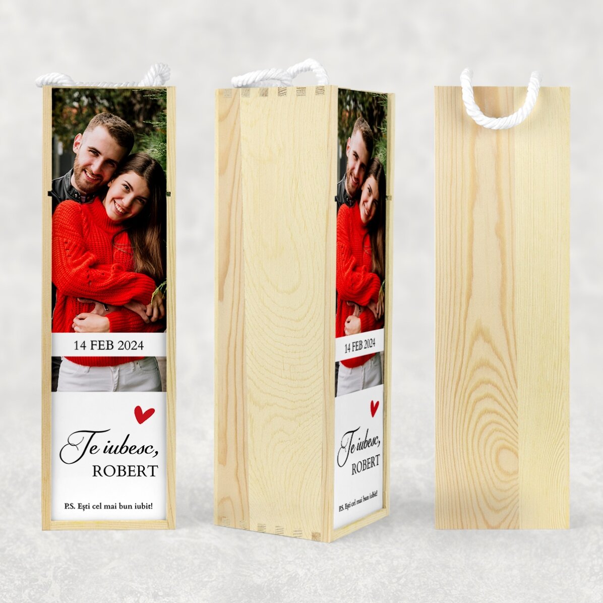 Caja de vino personalizada con una foto y un texto: «Te quiero»
