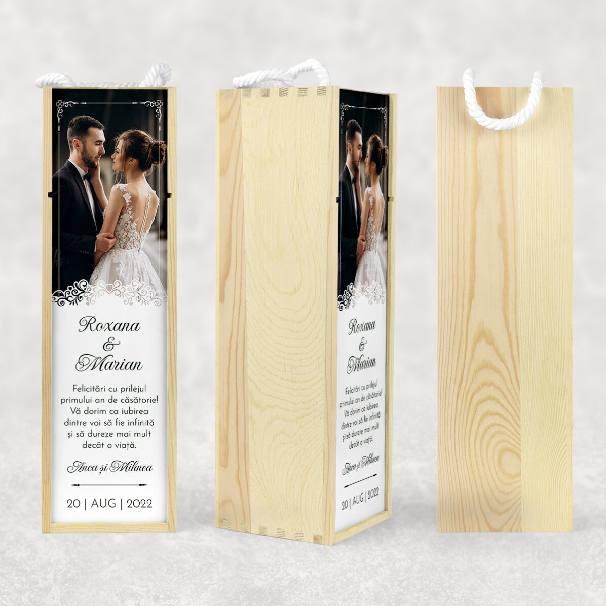 Caja de vino personalizada con foto y texto - Aniversario de boda