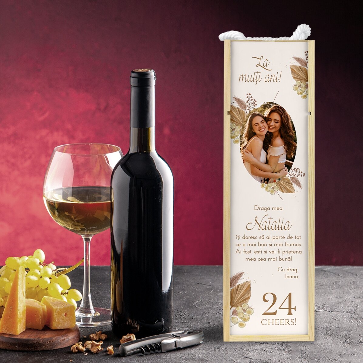 Caja de vino personalizada con foto y texto - Feliz cumpleaños