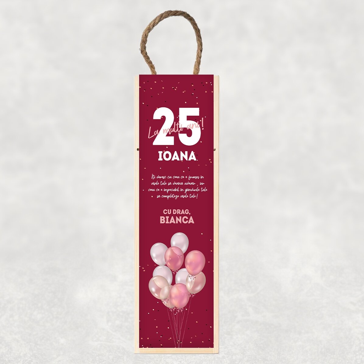 Caja de vino personalizada con mensaje de cumpleaños - Globos