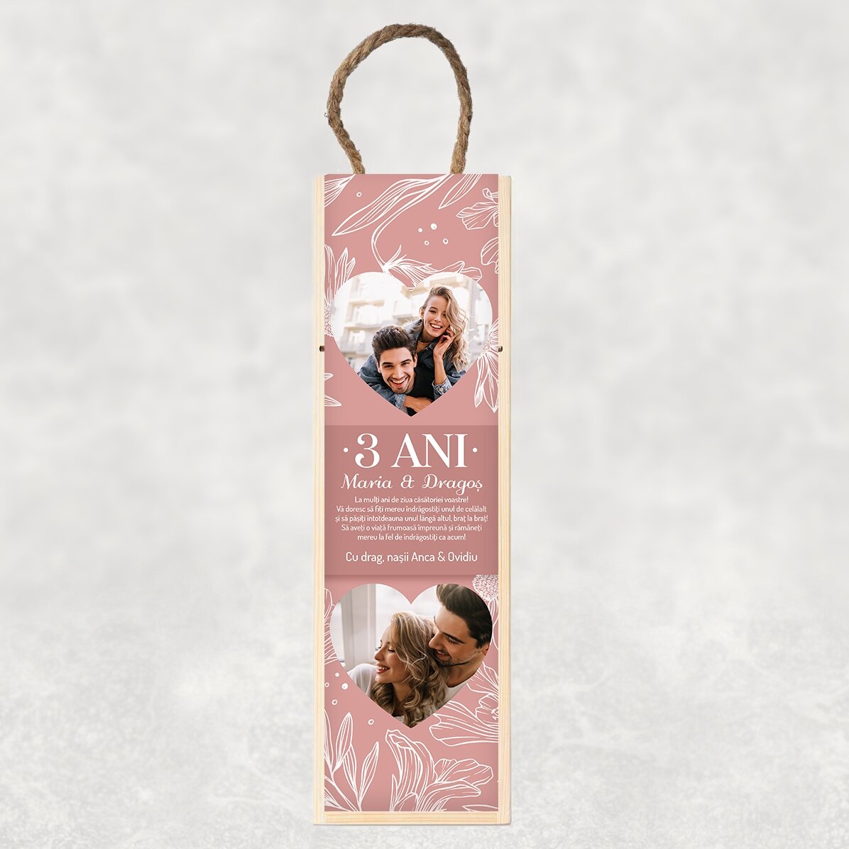 Caja de vino personalizada con texto y 2 fotos - Aniversario de boda
