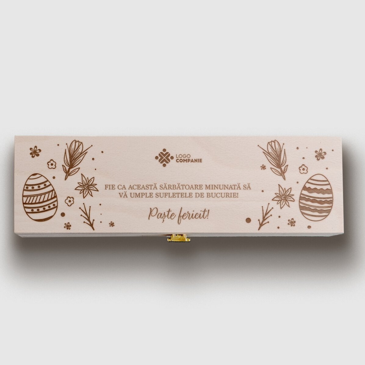 Caja de vino personalizada con texto y logotipo - Feliz Pascua