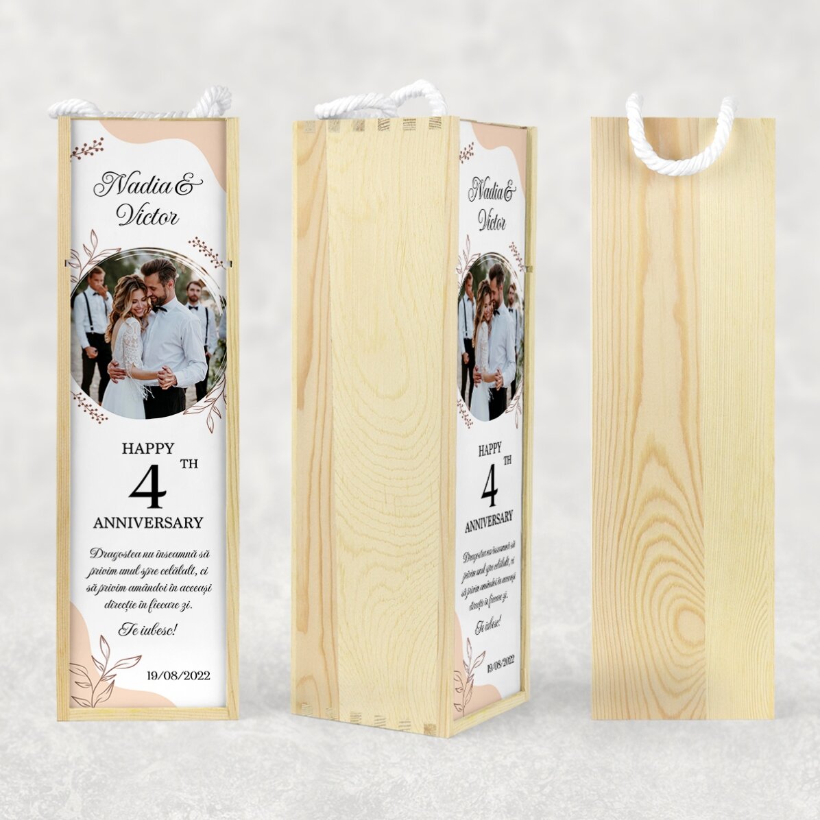 Caja de vino personalizada con foto y texto - Aniversario de pareja