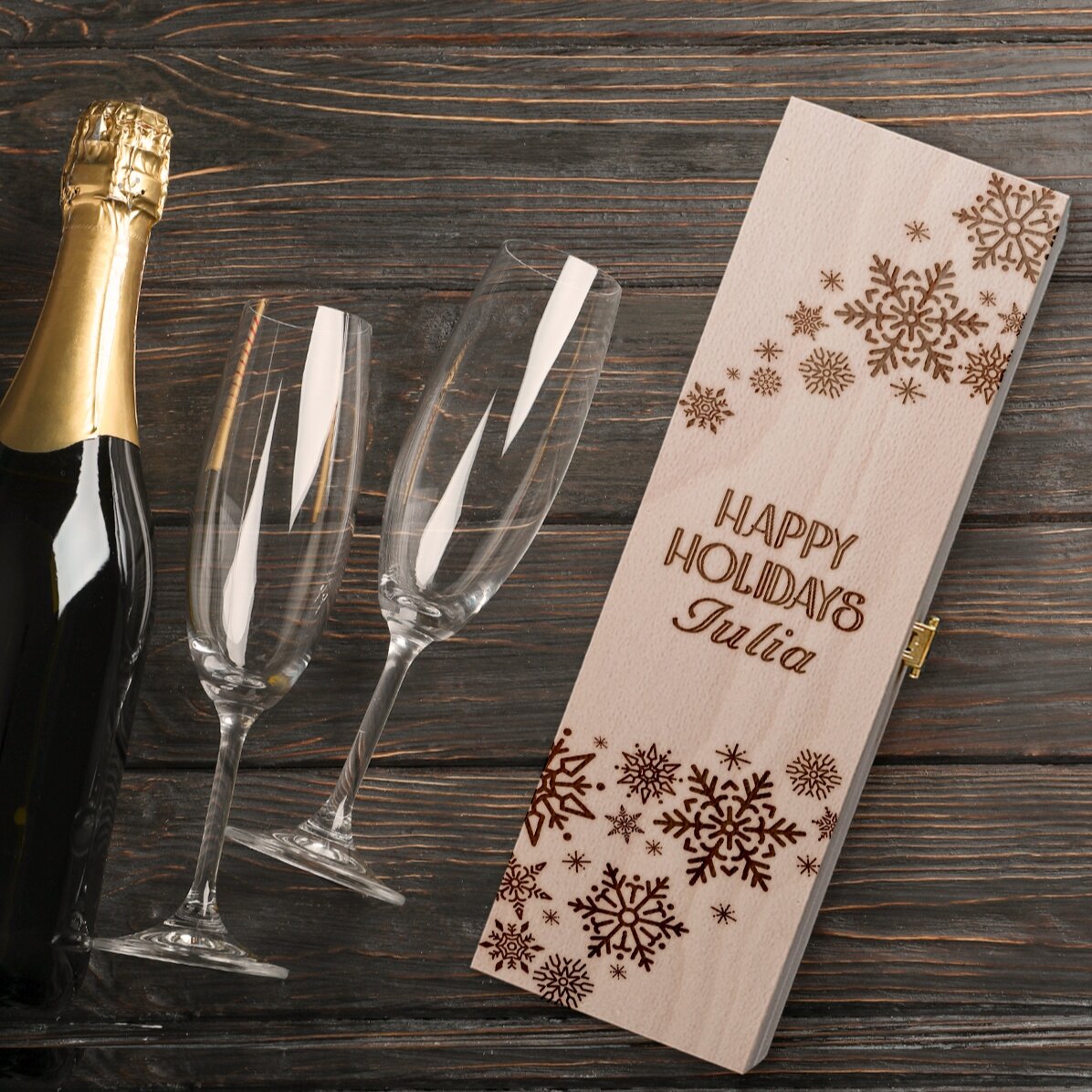 Caja de vino espumoso personalizada - Copos de nieve