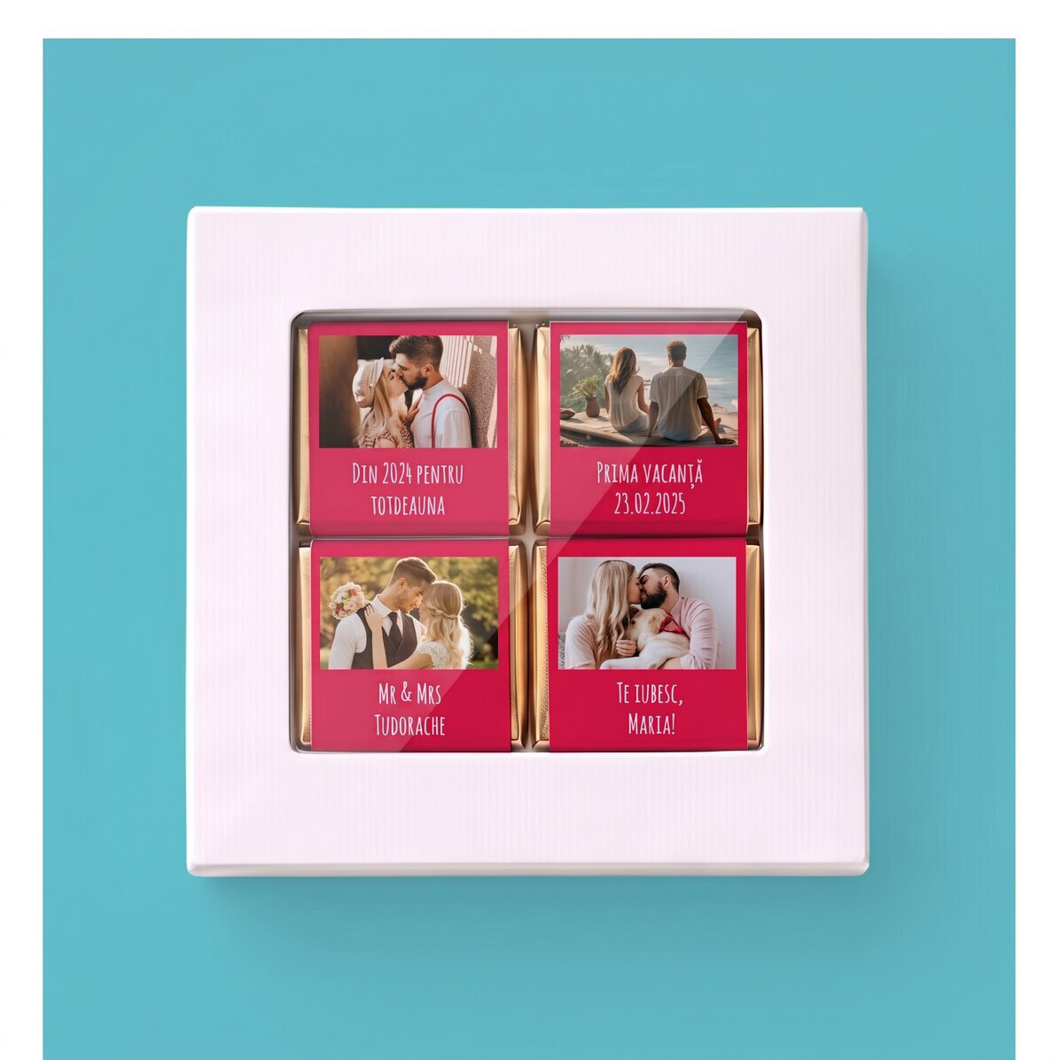 Cajas de regalo con minichocolates personalizados