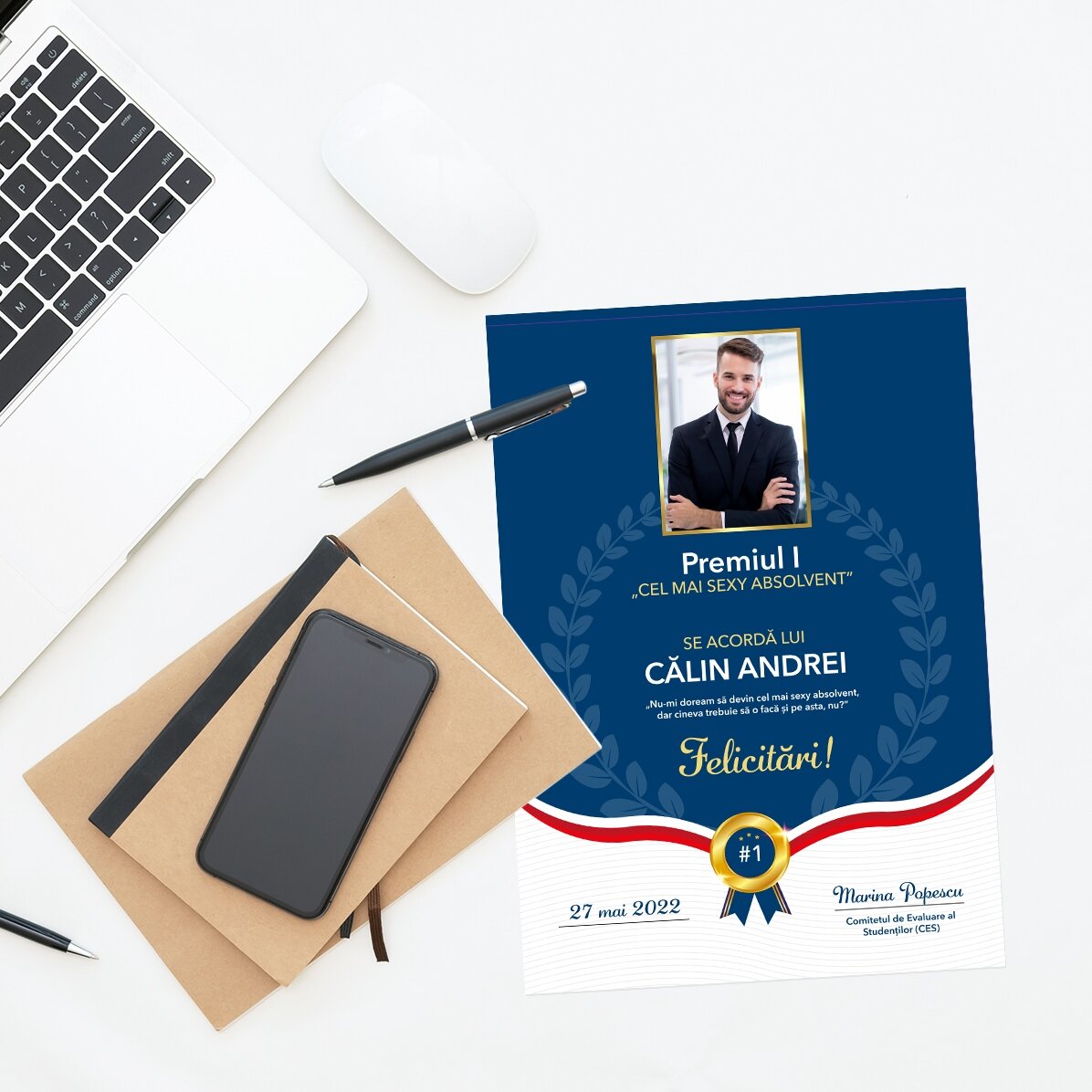 Diploma personalizada con foto y texto: «El mejor graduado»
