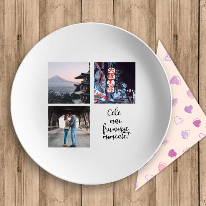 Plato personalizado con 3 fotos y texto