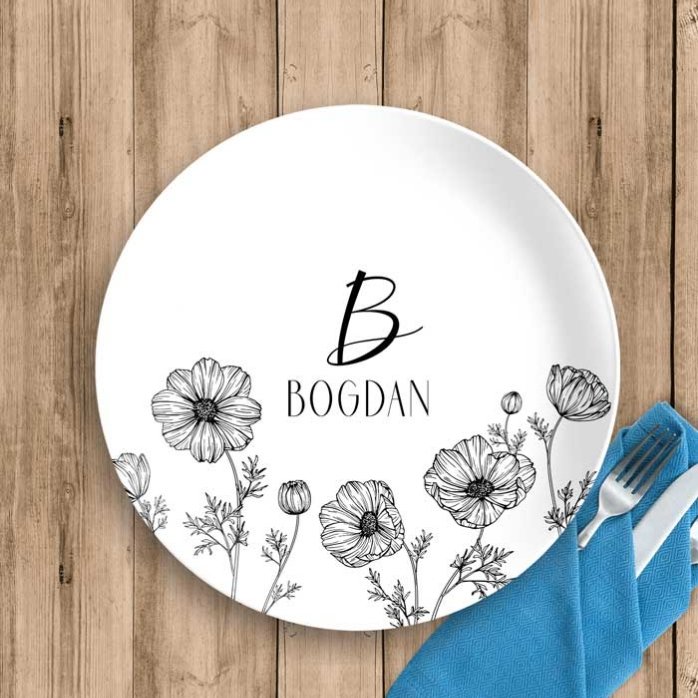 Plato personalizado con inicial y texto - Flowers