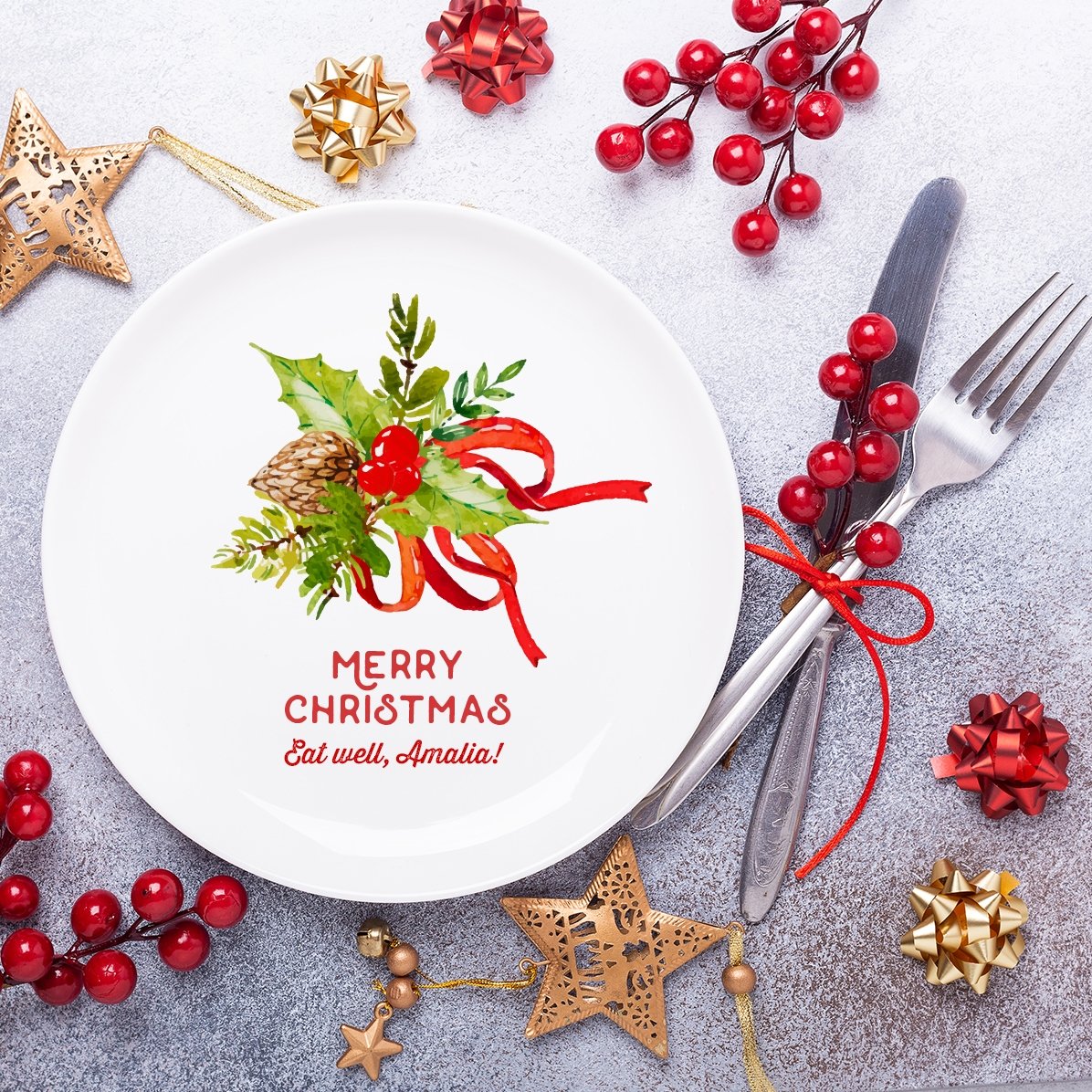 Plato personalizado con el texto «Merry Christmas»
