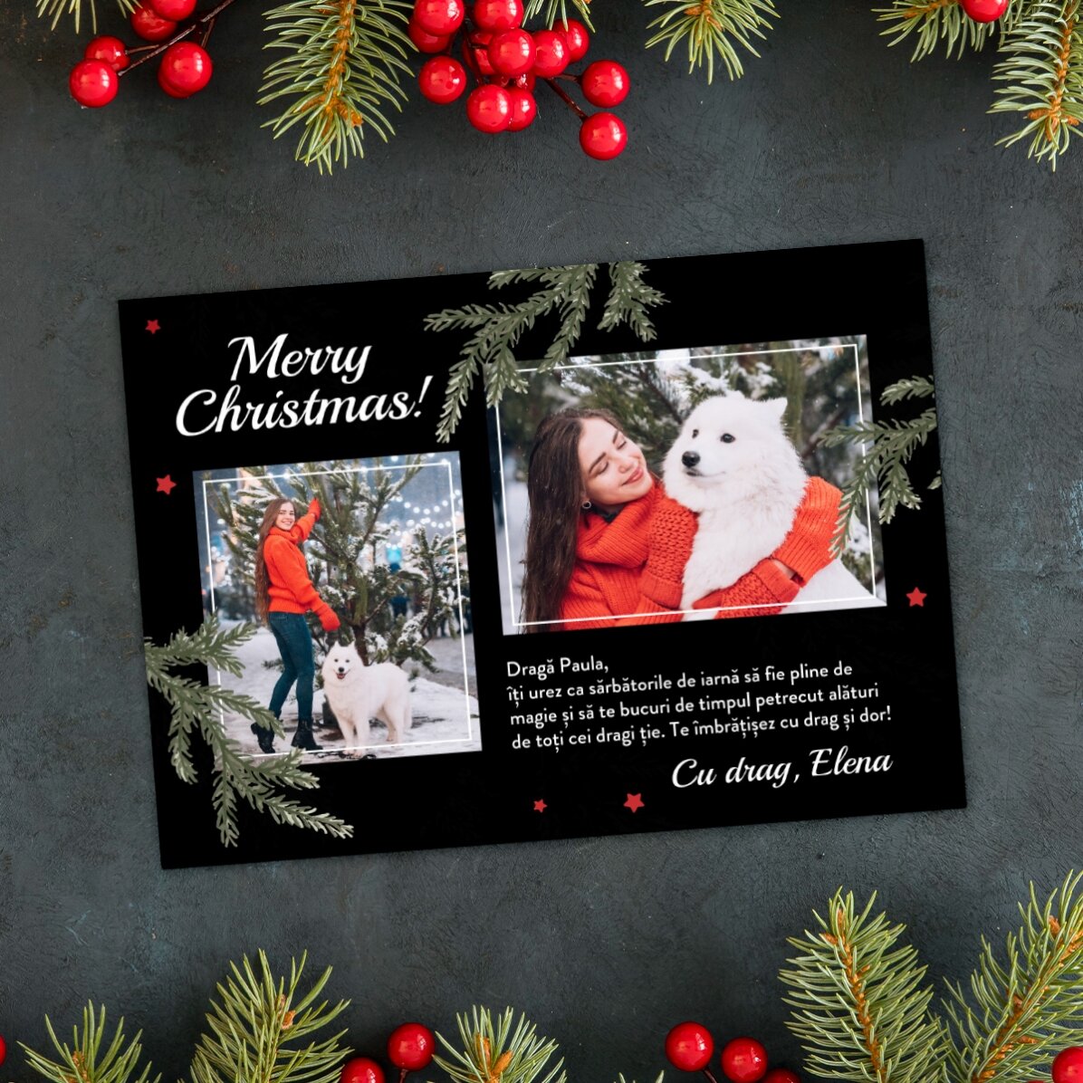 Tarjeta magnética personalizada con dos fotos y un mensaje de Navidad