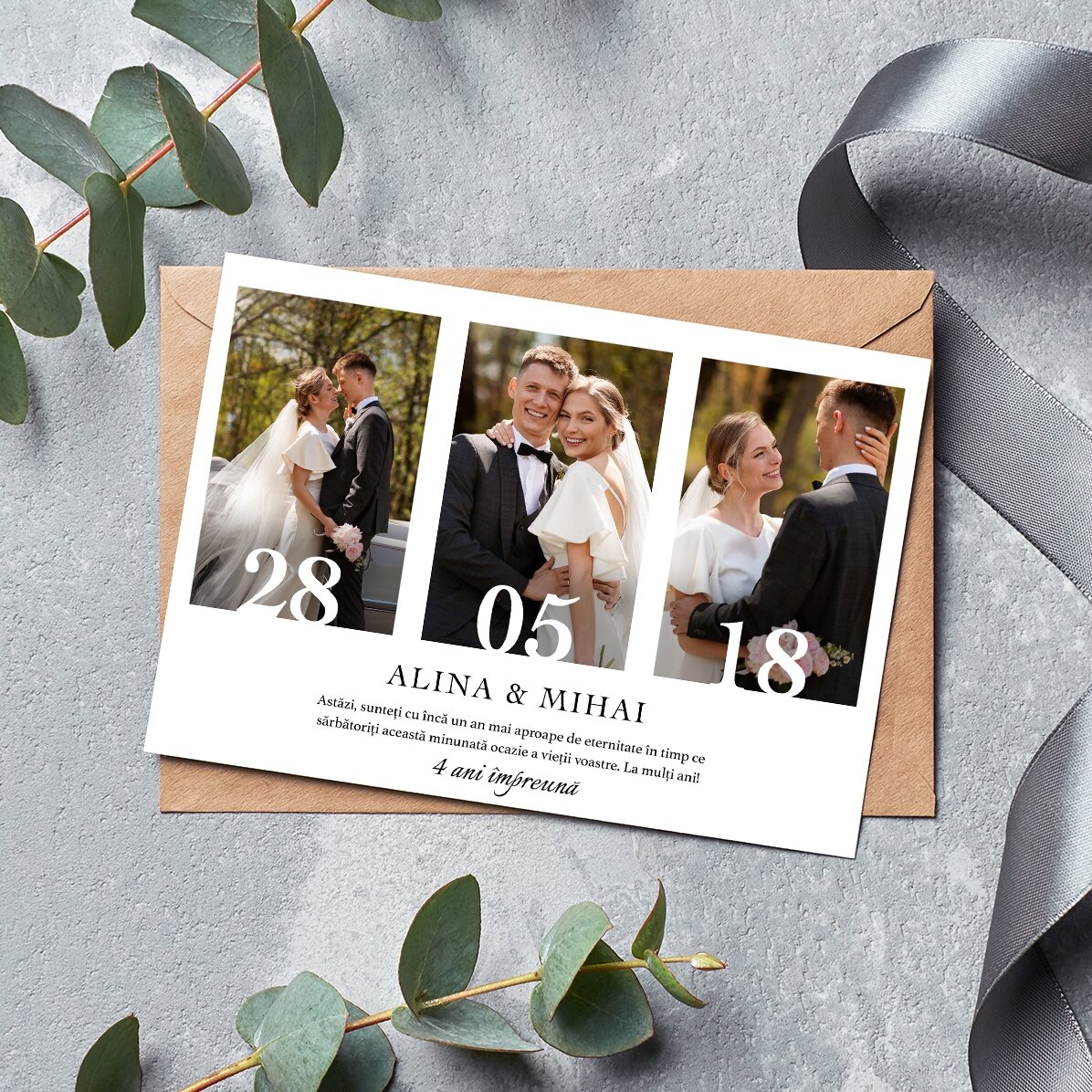 Tarjeta magnética personalizada con 3 fotos y texto para un aniversario de boda