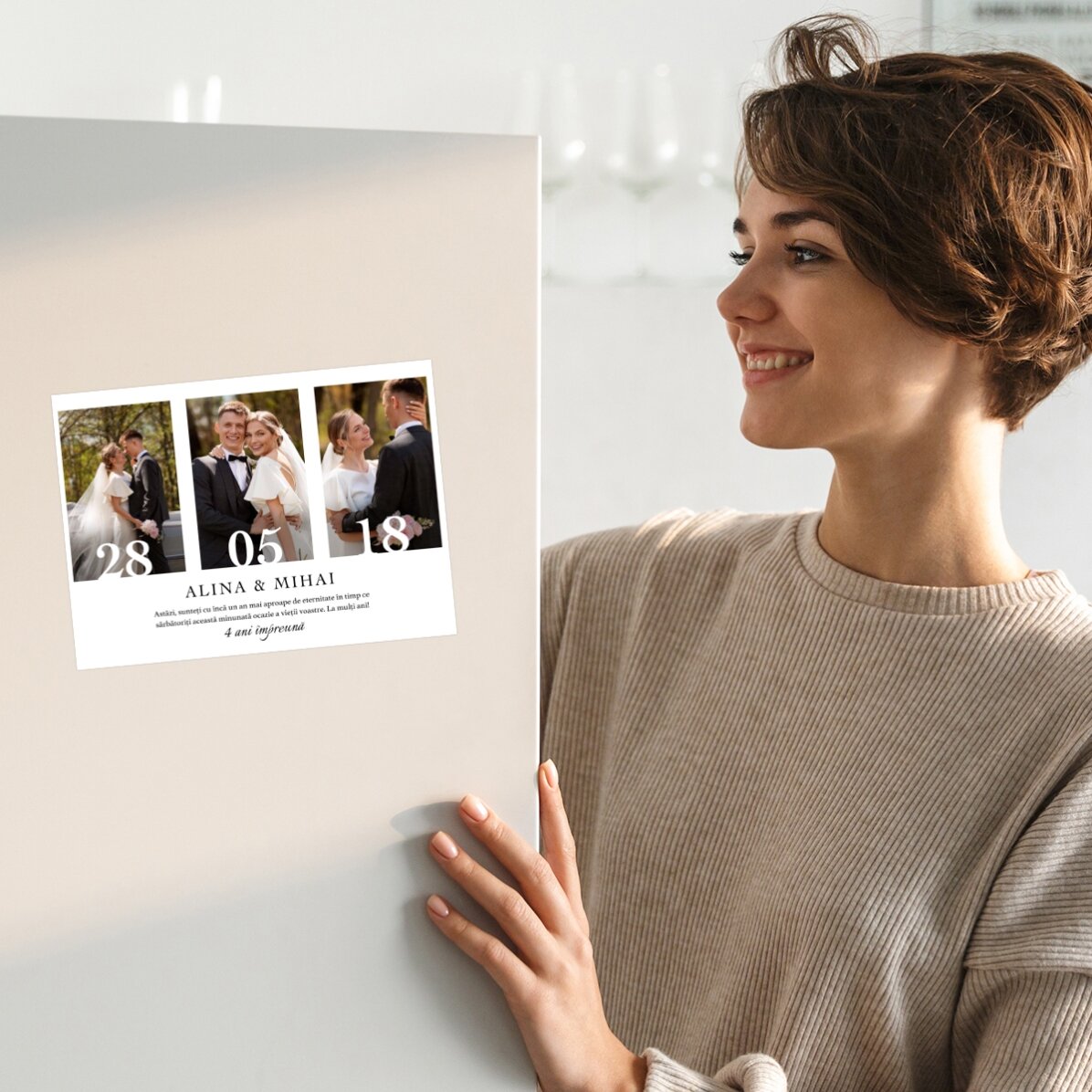 Tarjeta magnética personalizada con 3 fotos y texto para un aniversario de boda